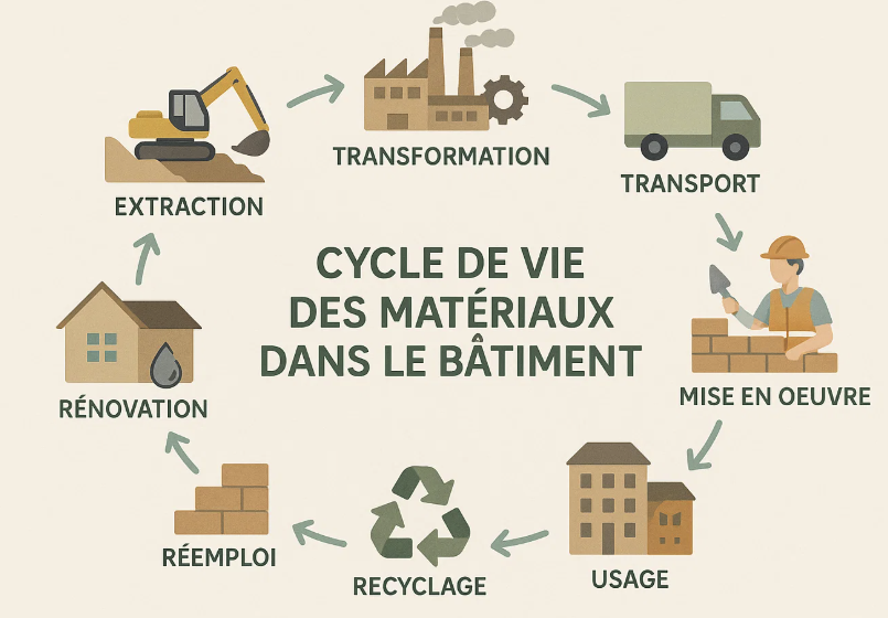 Infographie illustrant le cycle de vie des matériaux dans le bâtiment, de l'extraction des ressources, à leur transformation, transport, mise en œuvre, usage, puis réemploi, recyclage, et rénovation.