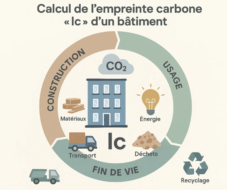 Infographie montrant le calcul de l'empreinte carbone 'Ic' d'un bâtiment, prenant en compte les étapes de la construction (matériaux et transport), de l'usage (énergie et déchets), et de la fin de vie (recyclage).