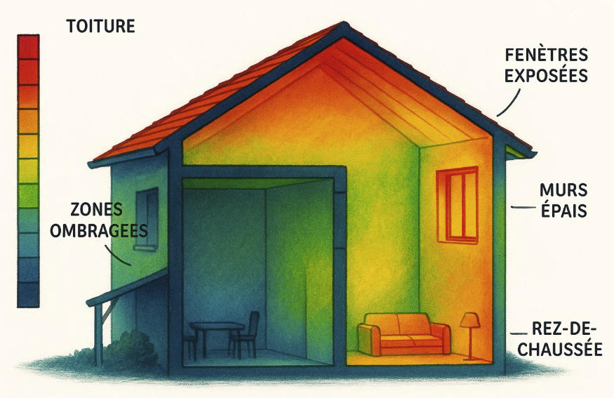 Illustration thermique d'une maison avec des zones colorées indiquant la chaleur : la toiture et les fenêtres exposées montrent des températures élevées, tandis que les murs épais et les zones ombragées restent plus fraîches.