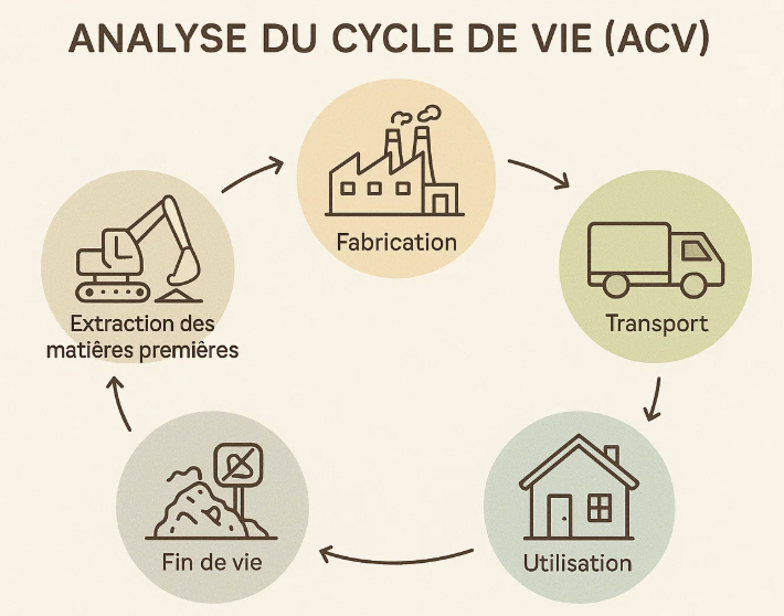 Infographie illustrant l'analyse du cycle de vie (ACV) d'un produit, incluant les étapes suivantes : extraction des matières premières, fabrication, transport, utilisation et fin de vie.