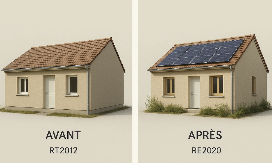 Comparaison d'une maison avant (RT2012) et après (RE2020) avec des améliorations énergétiques, montrant l'ajout de panneaux solaires sur le toit de la maison selon la réglementation RE2020.