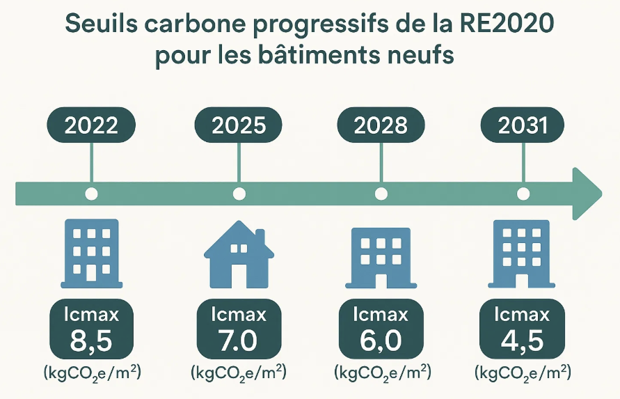 Graphique montrant les seuils carbone progressifs de la réglementation RE2020 pour les bâtiments neufs, avec des valeurs de 8,5 kgCO2e/m² en 2022, 7,0 kgCO2e/m² en 2025, 6,0 kgCO2e/m² en 2028, et 4,5 kgCO2e/m² en 2031.