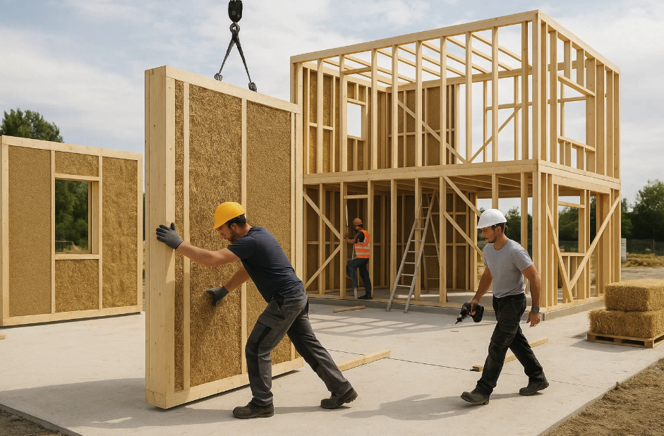 Des ouvriers en train d'assembler une structure de maison en bois, avec des panneaux isolants en place. L'un des travailleurs déplace un panneau tandis qu'un autre utilise un visseuse, et un troisième est en train de superviser la construction.
