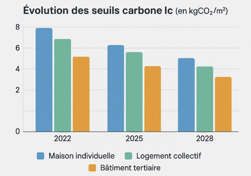 Graphique montrant l'évolution des seuils carbone (Ic) en kgCO2/m² pour 2022, 2025 et 2028, comparant les valeurs pour les maisons individuelles, logements collectifs et bâtiments tertiaires.