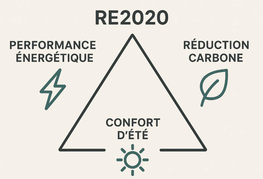 Diagramme représentant les trois axes principaux de la réglementation RE2020 : performance énergétique, confort d'été, et réduction carbone.