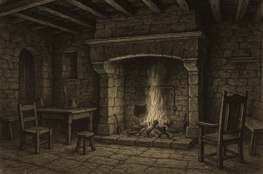 Intérieur d'une maison médiévale avec une grande cheminée en pierre, un feu de bois allumé et des meubles rustiques tels que des chaises et une table en bois, créant une atmosphère chaleureuse et traditionnelle.
