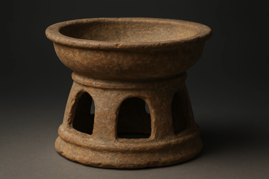 Ancien récipient en terre cuite avec une base creuse, surmonté d'un large bol circulaire, typique des objets artisanaux de l'Antiquité.