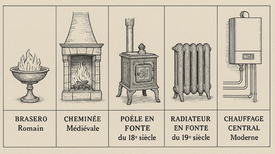 Illustration montrant différents systèmes de chauffage à travers l’histoire : un brasero romain, une cheminée médiévale, un poêle en fonte du 18e siècle, un radiateur en fonte du 19e siècle, et un chauffage central moderne.