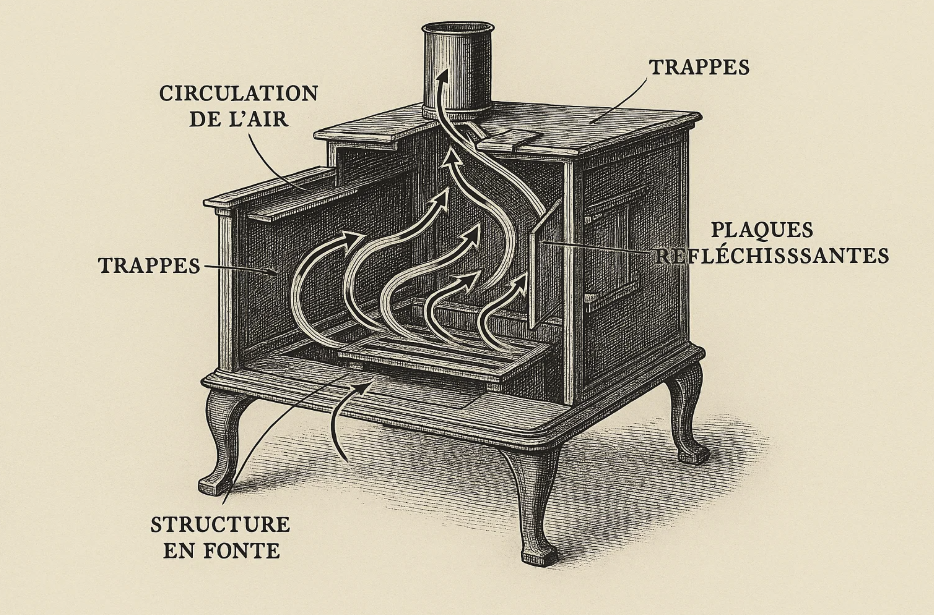 Schéma d'un poêle à bois avec les différentes parties étiquetées : circulation de l'air, trappes, plaques réfléchissantes, et structure en fonte. Les flèches indiquent la direction de la circulation de l'air à travers le poêle.
