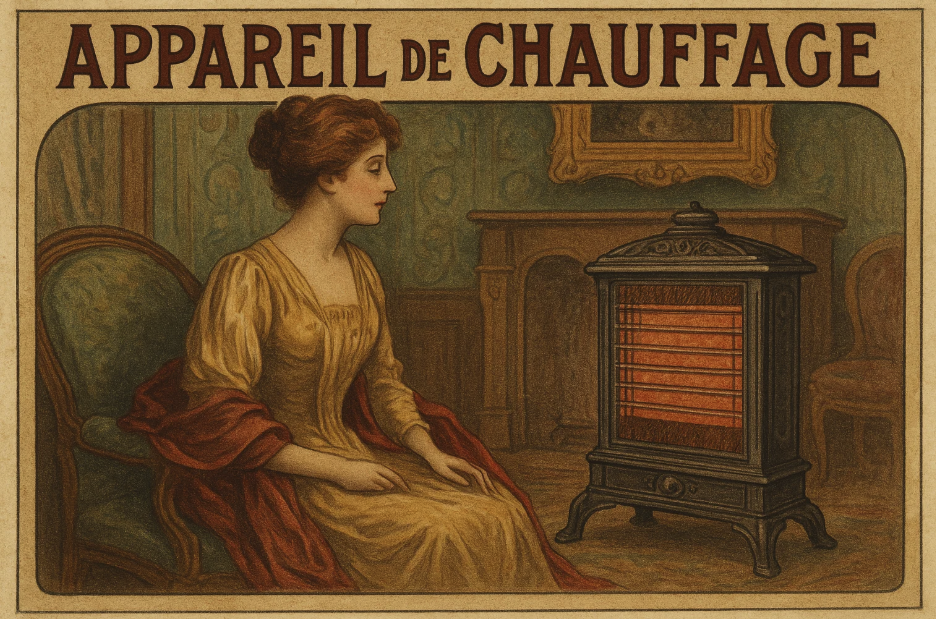 Affiche vintage montrant une femme assise près d'un appareil de chauffage à gaz, avec des éléments décoratifs d'époque dans une pièce élégante. Le titre en haut indique 'Appareil de Chauffage'.