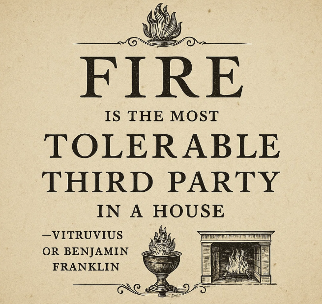 Citation en typographie ancienne : 'Fire is the most tolerable third party in a house' - Vitruvius or Benjamin Franklin. Accompagnée d'illustrations de flammes et d'un feu dans une cheminée.