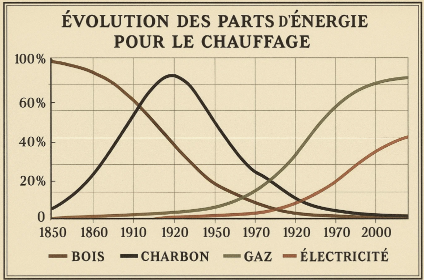 Graphique montrant l'évolution des parts d'énergie utilisées pour le chauffage de 1850 à 2000, avec les courbes représentant le bois, le charbon, le gaz et l'électricité, illustrant les changements dans l'utilisation de ces sources d'énergie au fil du temps.