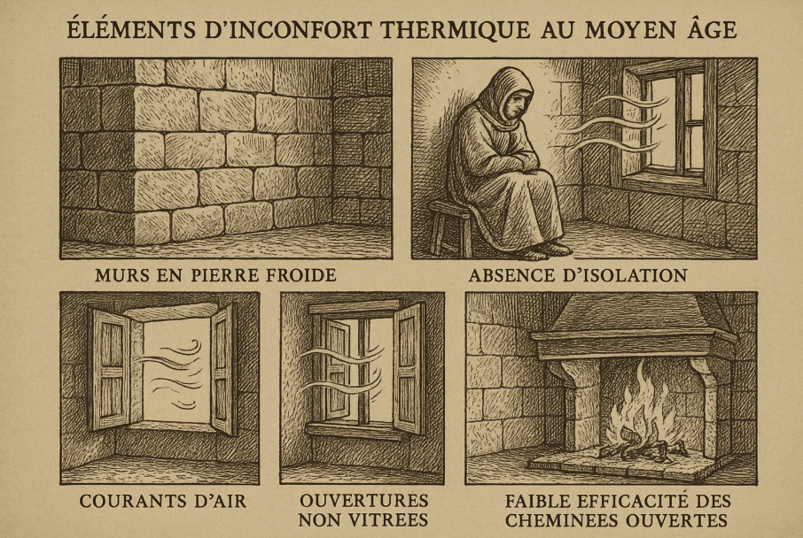 Représentation des éléments d'inconfort thermique au Moyen Âge, incluant des murs en pierre froide, l'absence d'isolation, des courants d'air, des fenêtres non vitrées et une faible efficacité des cheminées ouvertes.