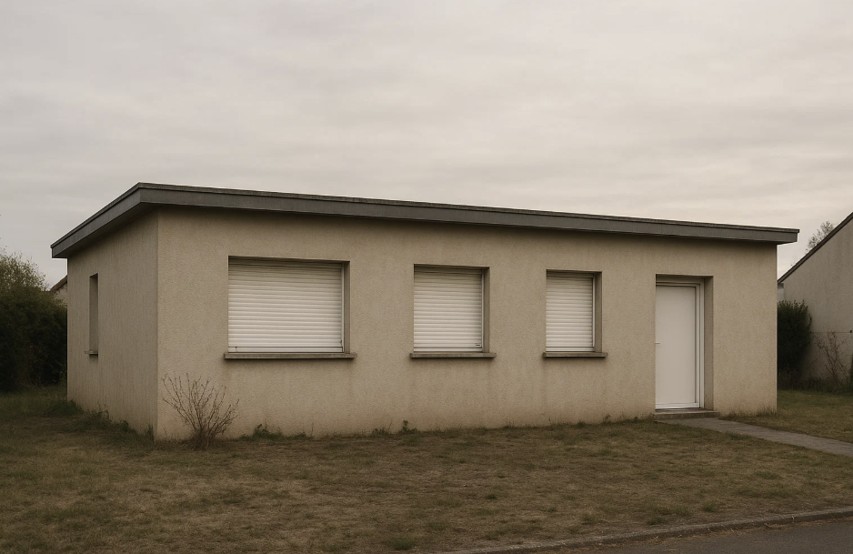 Vue extérieure d'un bâtiment des années 70 à l'architecture simple, avec des fenêtres à volets roulants et une porte d'entrée. L'herbe autour du bâtiment est peu entretenue, et le ciel est légèrement nuageux