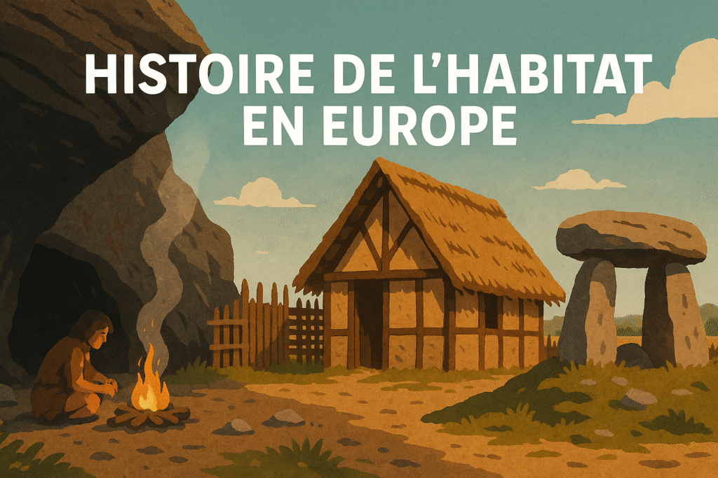 Illustration d’un habitat préhistorique en Europe : grotte, maison néolithique et dolmen