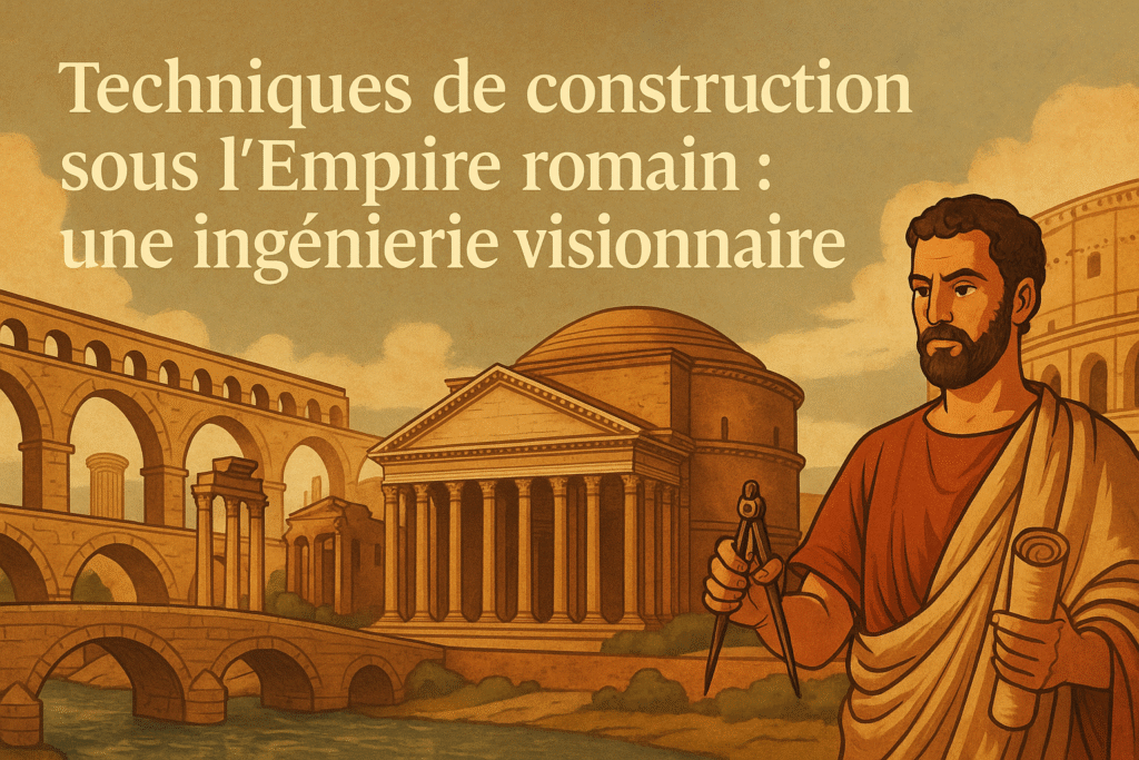 Ingénieur romain devant le Panthéon et des aqueducs, illustrant les techniques de construction antiques.