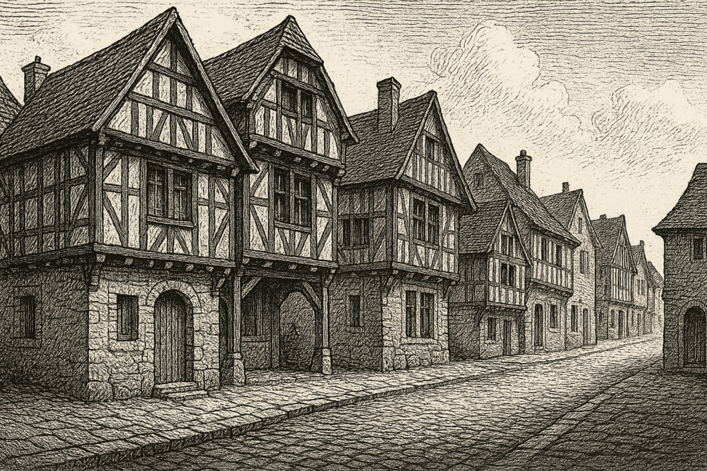 Rue médiévale bordée de maisons à colombages sur plusieurs étages