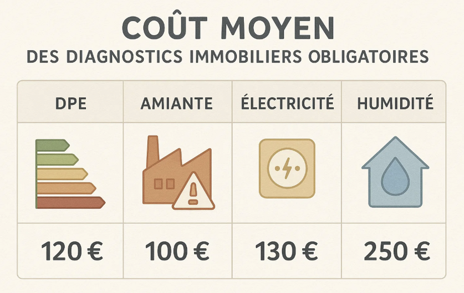 Infographie montrant le coût moyen des diagnostics immobiliers obligatoires : DPE (120 €), Amiante (100 €), Électricité (130 €), et Humidité (250 €), avec des icônes représentant chaque type de diagnostic.