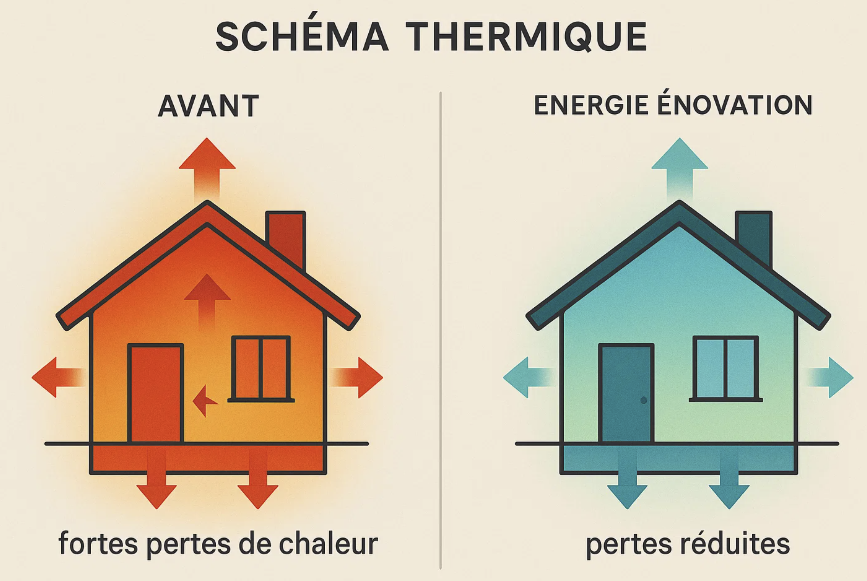 Schéma thermique illustrant les différences avant et après une rénovation énergétique : à gauche, une maison avec fortes pertes de chaleur (représentée en rouge), et à droite, une maison avec des pertes réduites grâce à l'énergie rénovation (représentée en bleu).