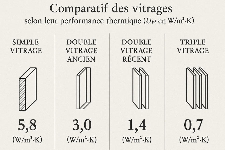 Comparatif des vitrages en fonction de leur performance thermique : Simple vitrage (5,8 W/m²·K), Double vitrage ancien (3,0 W/m²·K), Double vitrage récent (1,4 W/m²·K), Triple vitrage (0,7 W/m²·K).