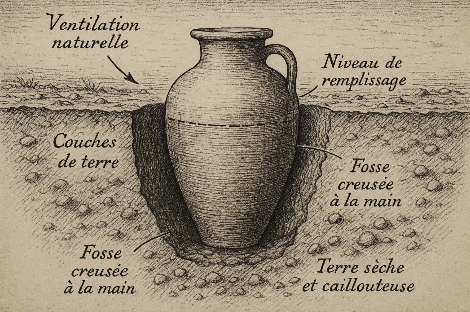 Illustration d’un système ancestral de conservation des aliments avec une jarre en terre cuite partiellement enterrée, profitant de la ventilation naturelle et de la fraîcheur du sol.

