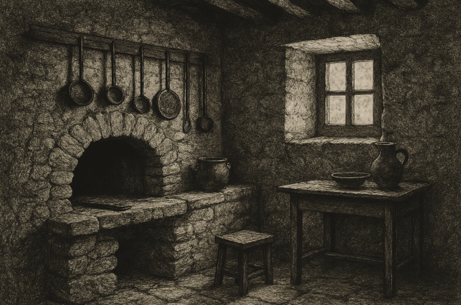 Intérieur d’une cuisine vernaculaire ancienne en pierre, équipée d’un four traditionnel et d’ustensiles suspendus, typique des habitats ruraux européens.

