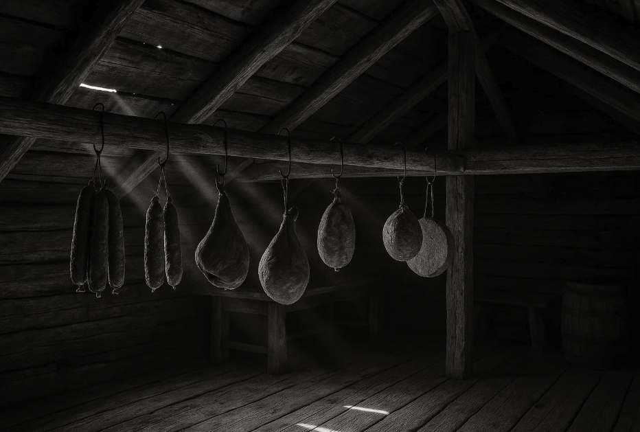 Pièce sombre d’un grenier traditionnel en bois, utilisée pour suspendre et sécher des viandes dans les habitations rurales autarciques.


