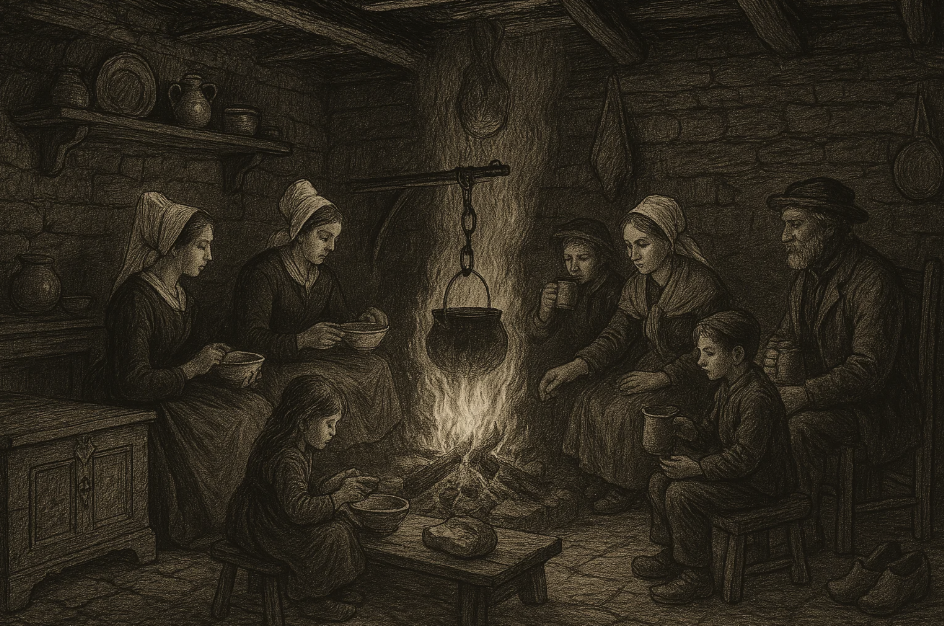 Scène de vie dans une maison vernaculaire, où une famille se réunit autour d’un foyer central pour cuisiner et partager un repas dans une pièce rustique en pierre.

