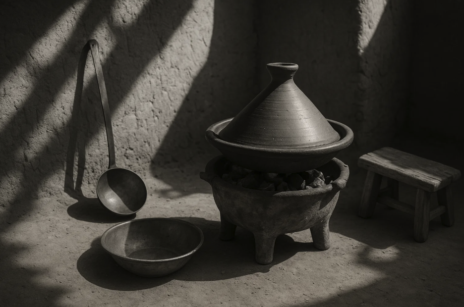 Cuisine méditerranéenne rudimentaire avec un tajine traditionnel posé sur un foyer en argile, illustrant les pratiques culinaires sobres et efficaces des habitats du Sud.

