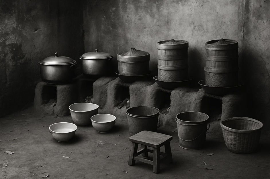 Intérieur d’une cuisine traditionnelle asiatique ou africaine avec plusieurs foyers en terre cuite, récipients métalliques, et ustensiles utilitaires au sol.

