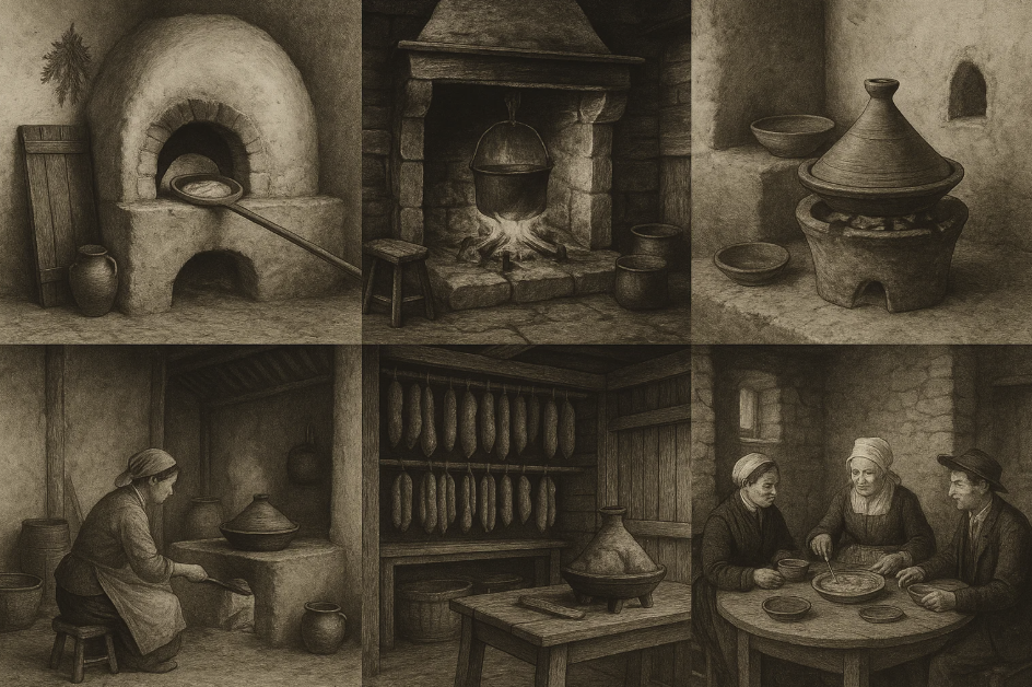 Collage illustratif représentant différentes pratiques culinaires vernaculaires : four à pain, foyer à marmite suspendue, tajine, fumoir à viande, et repas familial autour d’une table en bois.

