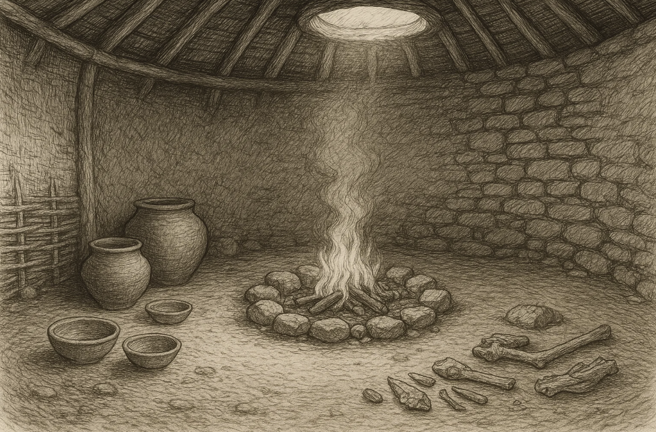 Intérieur d’une hutte néolithique en pierre avec foyer central, poteries et outils en pierre au sol.

