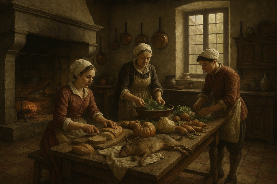 Scène de cuisine dans une maison médiévale avec trois femmes préparant des légumes et du pain autour d’une table rustique.