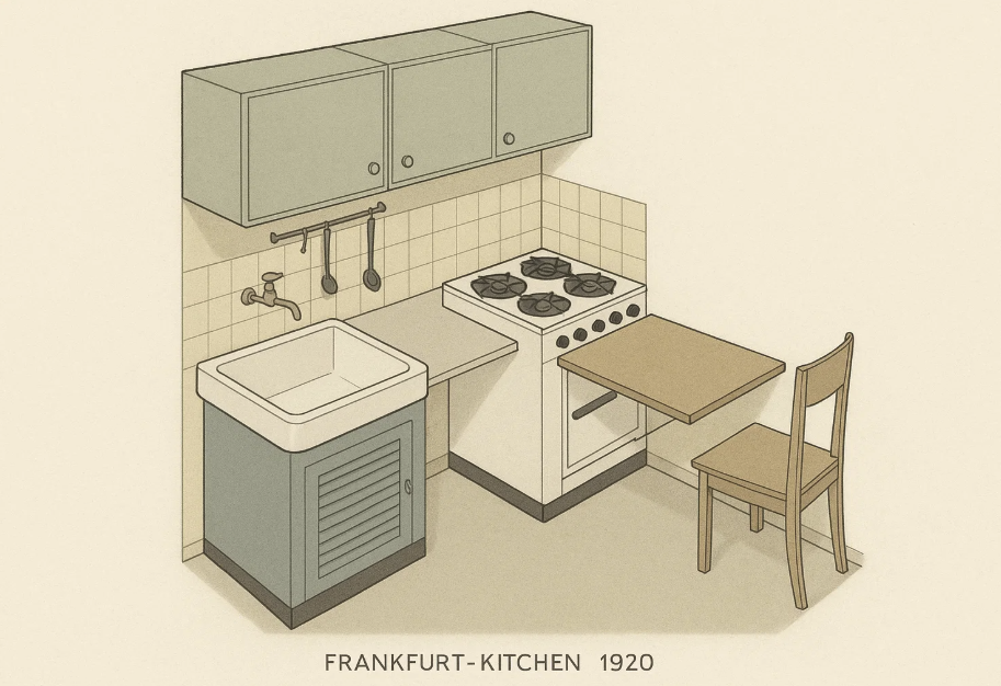 Cuisine de Francfort des années 1920, conçue pour optimiser l’espace et les tâches domestiques. Exemple emblématique d’architecture fonctionnelle du XXe siècle