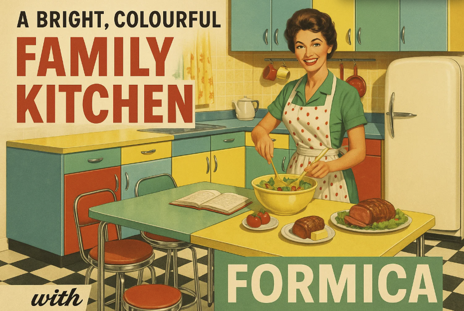 Cuisine familiale colorée des années 1950 avec meubles en Formica. Publicité rétro valorisant une ambiance joyeuse et fonctionnelle