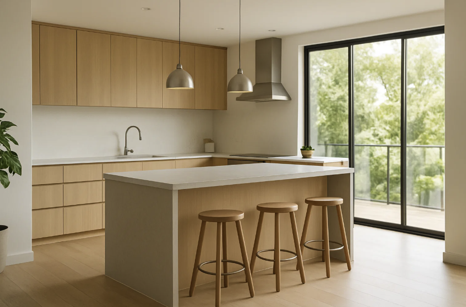 Cuisine contemporaine épurée avec îlot central et grandes baies vitrées. Luminaires suspendus et mobilier en bois clair pour une ambiance naturelle