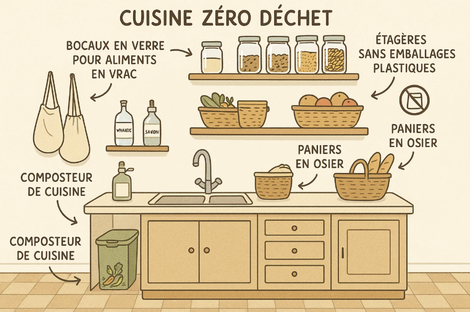 Cuisine zéro déchet avec bocaux en verre, paniers en osier et composteur intégré. Illustration d’un mode de vie durable et sans plastique