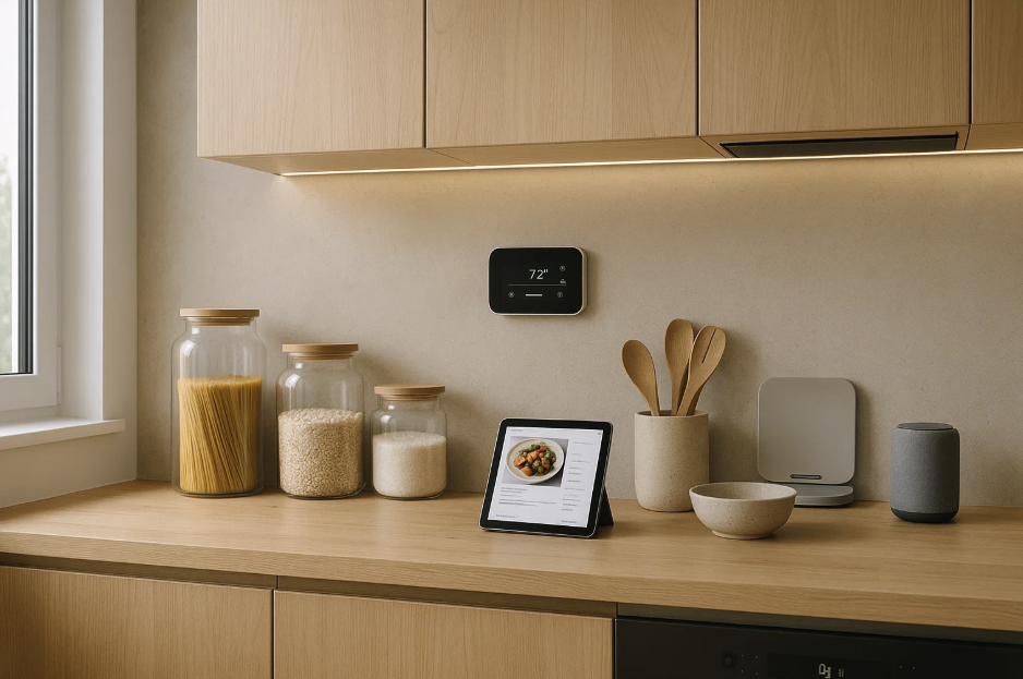 Cuisine moderne équipée d’un assistant vocal et d’une tablette de recettes. Bocaux en verre et matériaux bois pour un style minimaliste et connecté