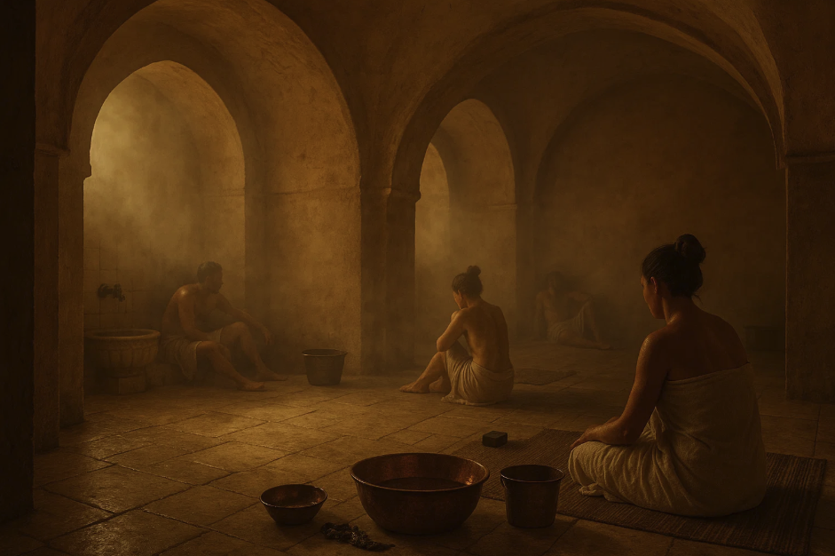 Scène de hammam traditionnel avec voûtes en pierre et vapeur chaude. Ambiance apaisante et rituels de purification ancestraux