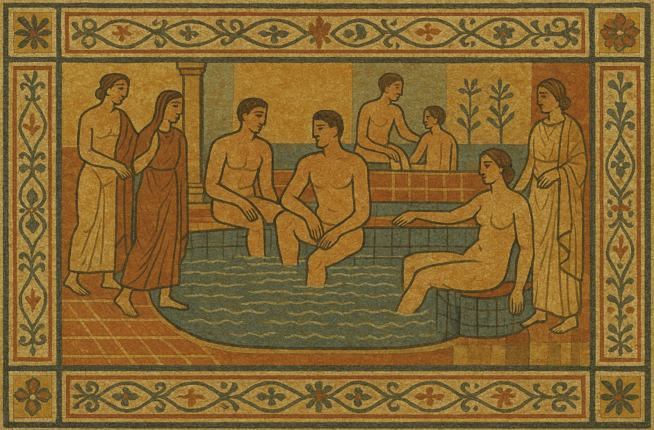 Mosaïque antique représentant une scène de bain collectif. Illustration artistique des pratiques d’hygiène et de sociabilité dans l’Antiquité