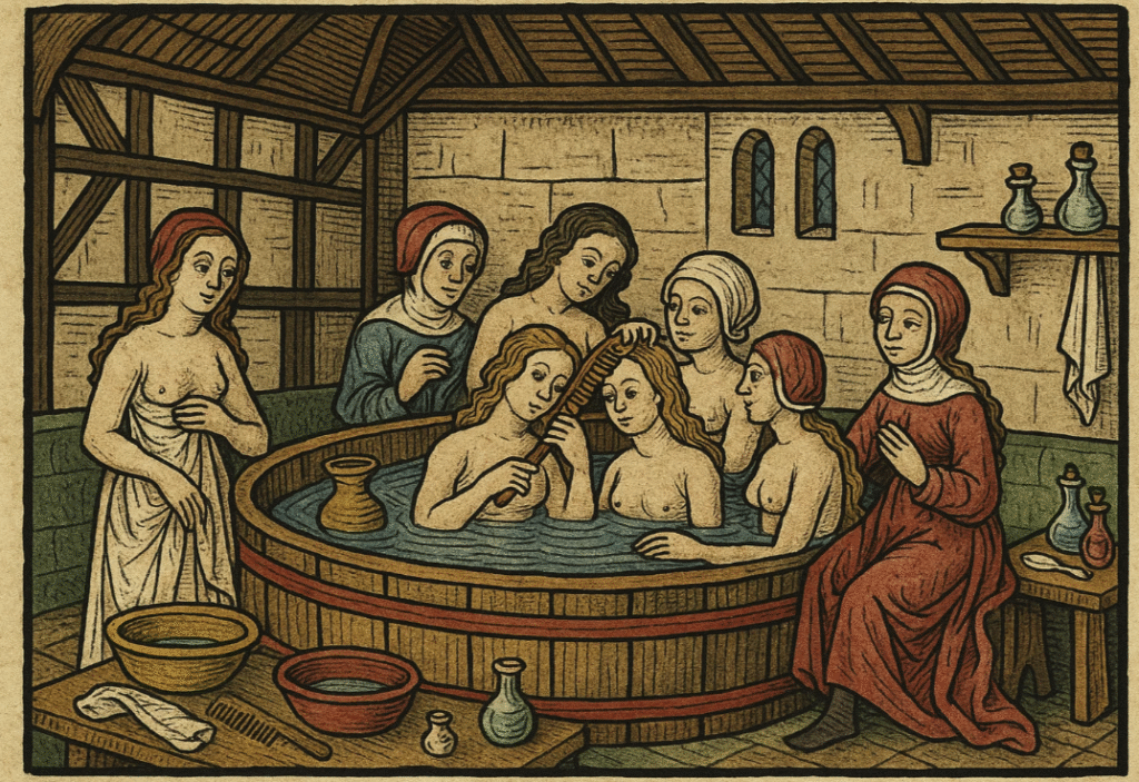 Illustration médiévale d’un bain collectif féminin dans une cuve en bois. Scène de soin et de sociabilité dans un intérieur à colombages
