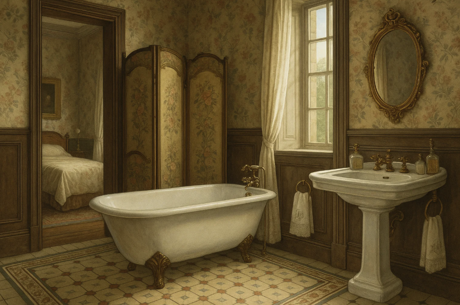 Salle de bain de style XIXe siècle avec baignoire sur pieds et mobilier en porcelaine. Ambiance raffinée, entre élégance classique et intimité domestique