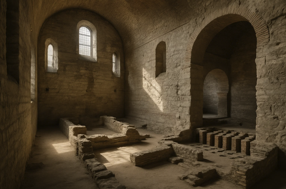 Vestiges de thermes romains avec hypocauste apparent sous les dalles. Architecture antique en pierre, éclairée par une lumière tamisée