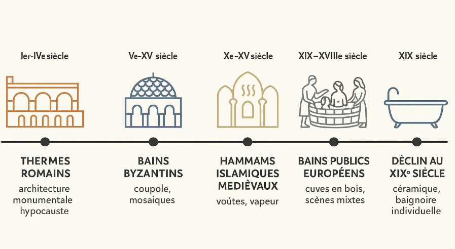 Frise chronologique des bains publics de l’Antiquité au XIXe siècle. Évolution des pratiques d’hygiène et des formes architecturales selon les époques
