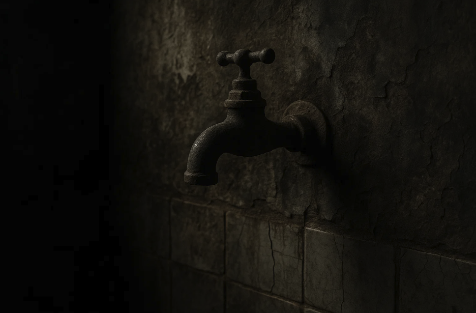 Robinet ancien rouillé fixé sur un mur humide et dégradé. Ambiance sombre évoquant l’insalubrité ou la vétusté d’un habitat