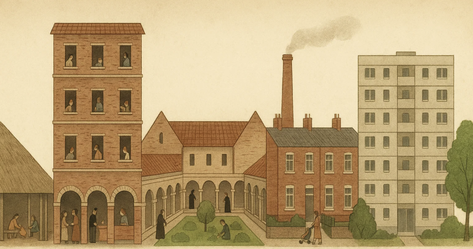 Illustration montrant l’évolution de l’habitat collectif, des maisons ouvrières aux immeubles modernes en passant par les cités industrielles