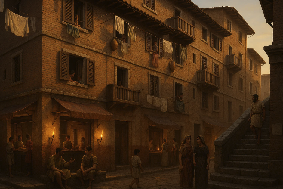 Scène de vie dans une insula romaine, immeuble à plusieurs étages typique de l’habitat collectif urbain antique