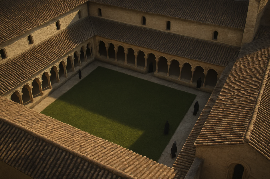 Cloître d’un monastère médiéval, exemple d’habitat collectif religieux structuré autour d’un espace central partagé