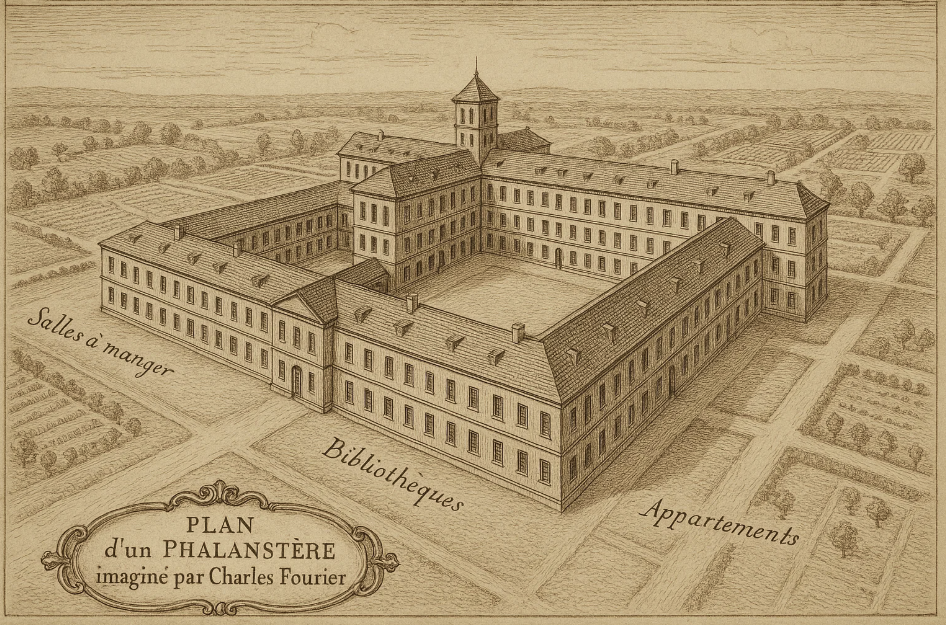 Plan utopique du phalanstère imaginé par Charles Fourier, un modèle d’habitat collectif communautaire et autogéré