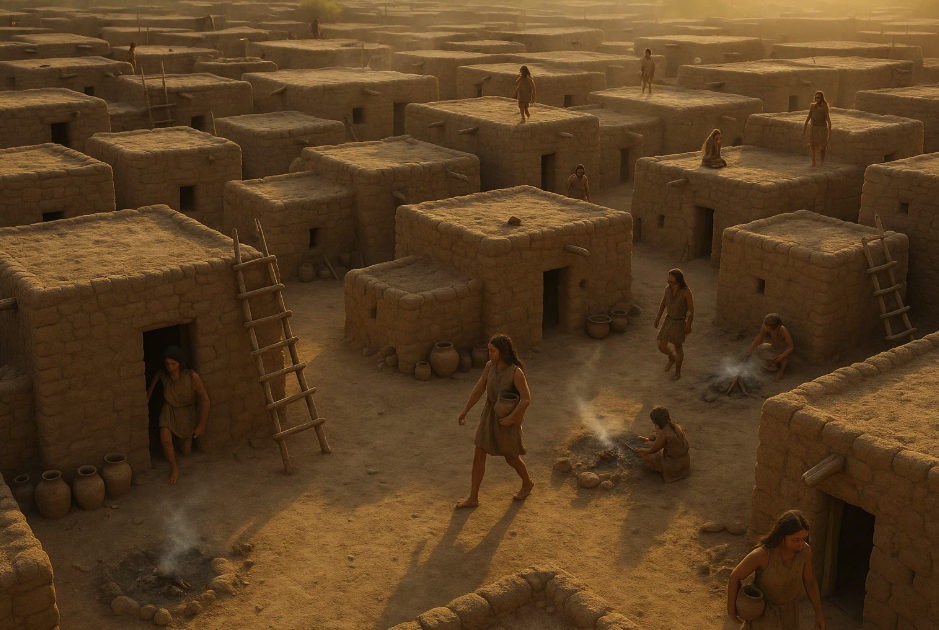 Vue d’un village néolithique composé de maisons en terre crue, premiers exemples d’organisation collective de l’habitat